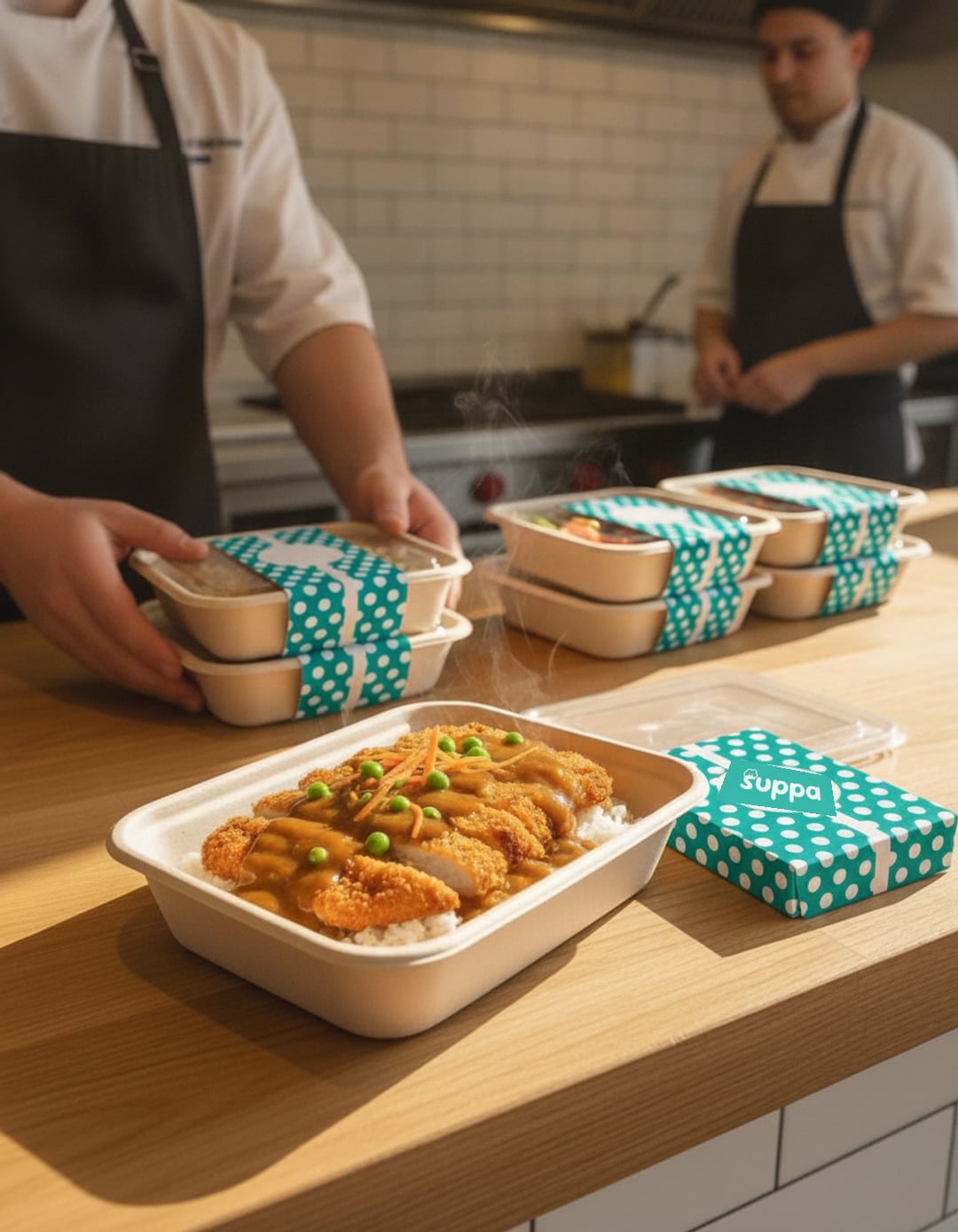 Sleeved Suppa trays on the pass of a Plymouth restaurant kitchen, with an open tray of steaming chicken katsu curry up front