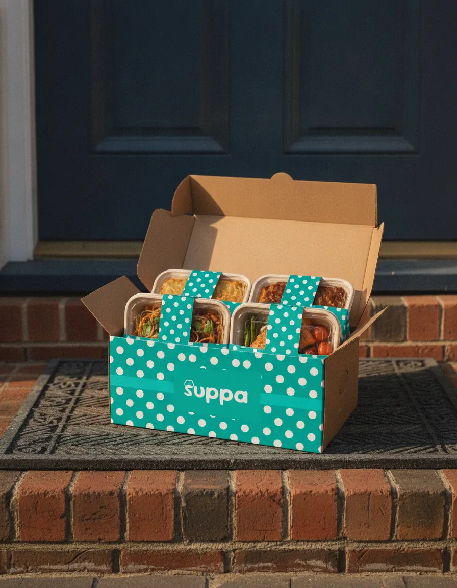 An open Suppa delivery box on a front doorstep holding four sleeved meal trays