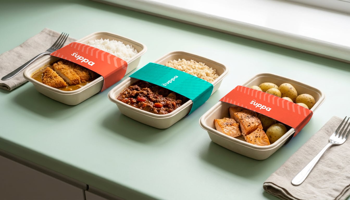 A sealed Suppa tray with its printed label
