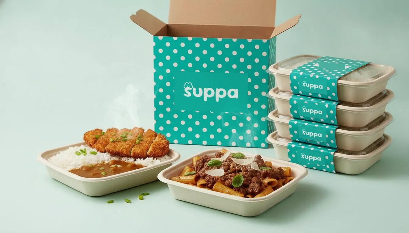 A Suppa delivery box beside open trays of chicken katsu curry and beef ragu rigatoni, with a stack of sleeved trays