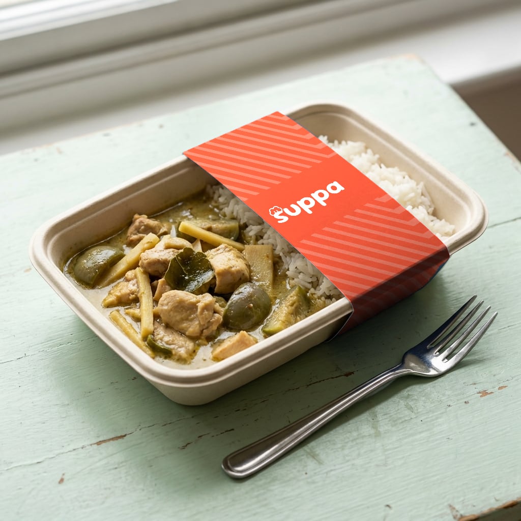 An opened Suppa tray with a full meal inside