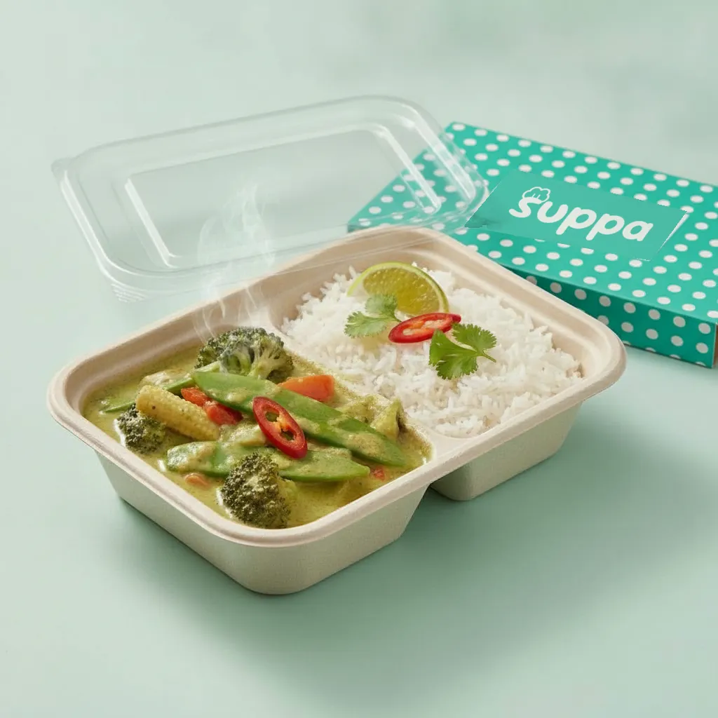 An open Suppa tray of Thai green vegetable curry with jasmine rice, lime and red chilli, its teal sleeve beside it