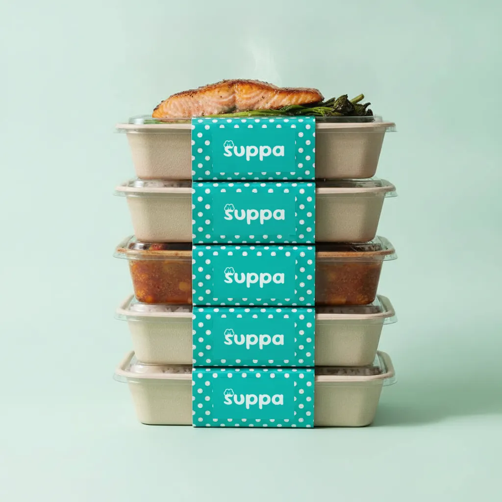 A stack of five Suppa trays, each wrapped in a teal sleeve with the orange Suppa badge, salmon and greens on top