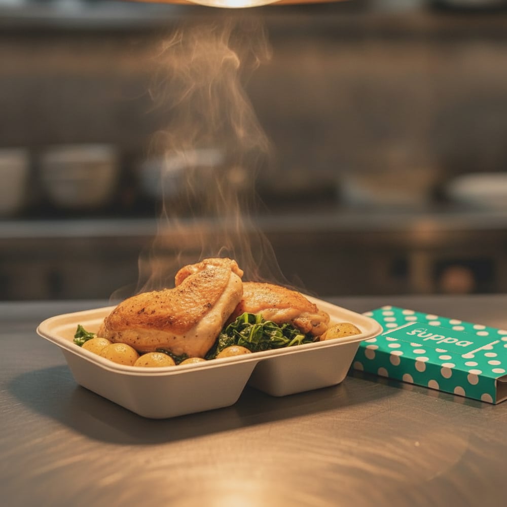 An open Suppa tray of roast chicken on a restaurant pass with steam rising