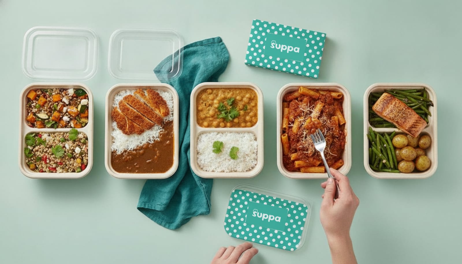 Five open Suppa meal trays on a mint table, with their teal sleeves and lids beside them
